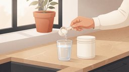 A hand tipping a small scoop of white creatine powder into a glass of water on a sand-colored kitchen counter, beside a plain tub and a terracotta plant pot in the window