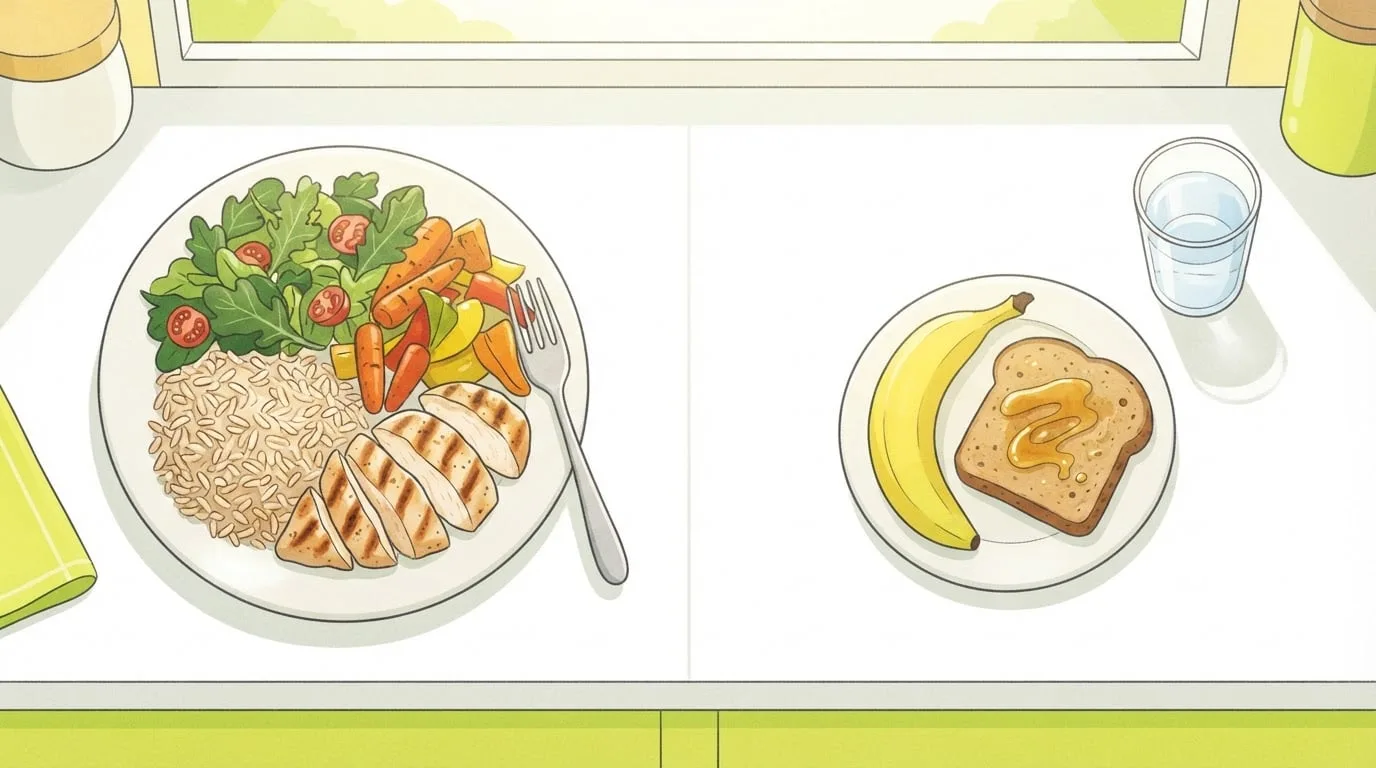 Draufsicht auf eine weiße Küchenarbeitsplatte mit einem vollen Teller mit Reis, gegrilltem Hähnchen, geröstetem Gemüse und Salat links und einem kleinen Teller mit einer Banane und einer Scheibe Toast mit Honig rechts, daneben ein Glas Wasser