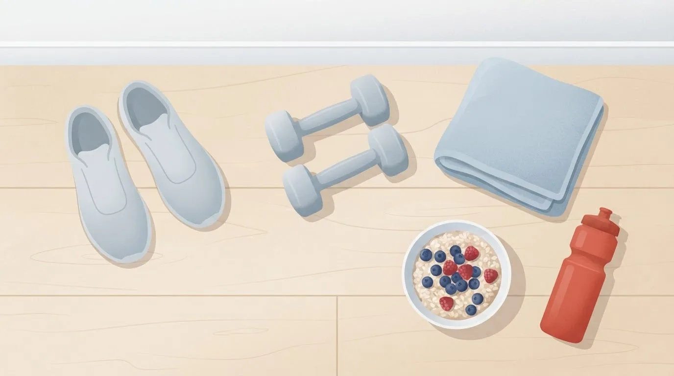 Overhead view of rest day items on a birch floor: plain walking shoes, a pair of dumbbells set aside, a folded blue towel, a bowl of oatmeal with berries and a red water bottle
