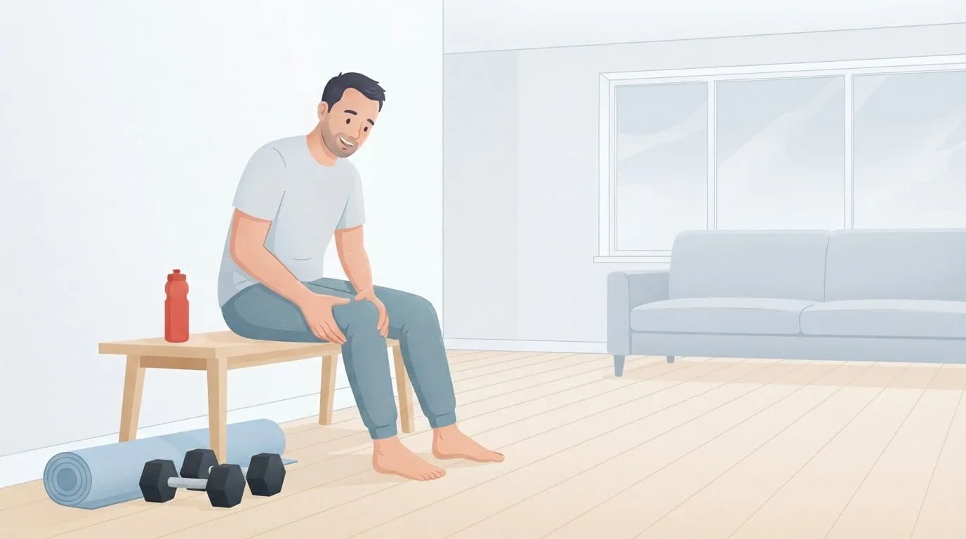 A man in his late forties sits on a birch bench in a bright living room the morning after a workout, pressing on his stiff thigh, with a pair of dumbbells and a rolled mat on the floor beside him