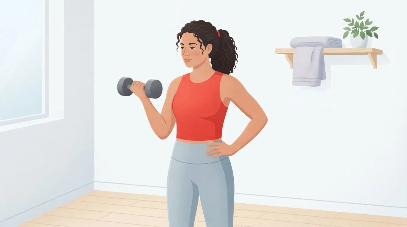 A woman in her early thirties in a tomato-red top curls a single dumbbell in a bright home corner with a birch shelf, her other hand resting on her hip