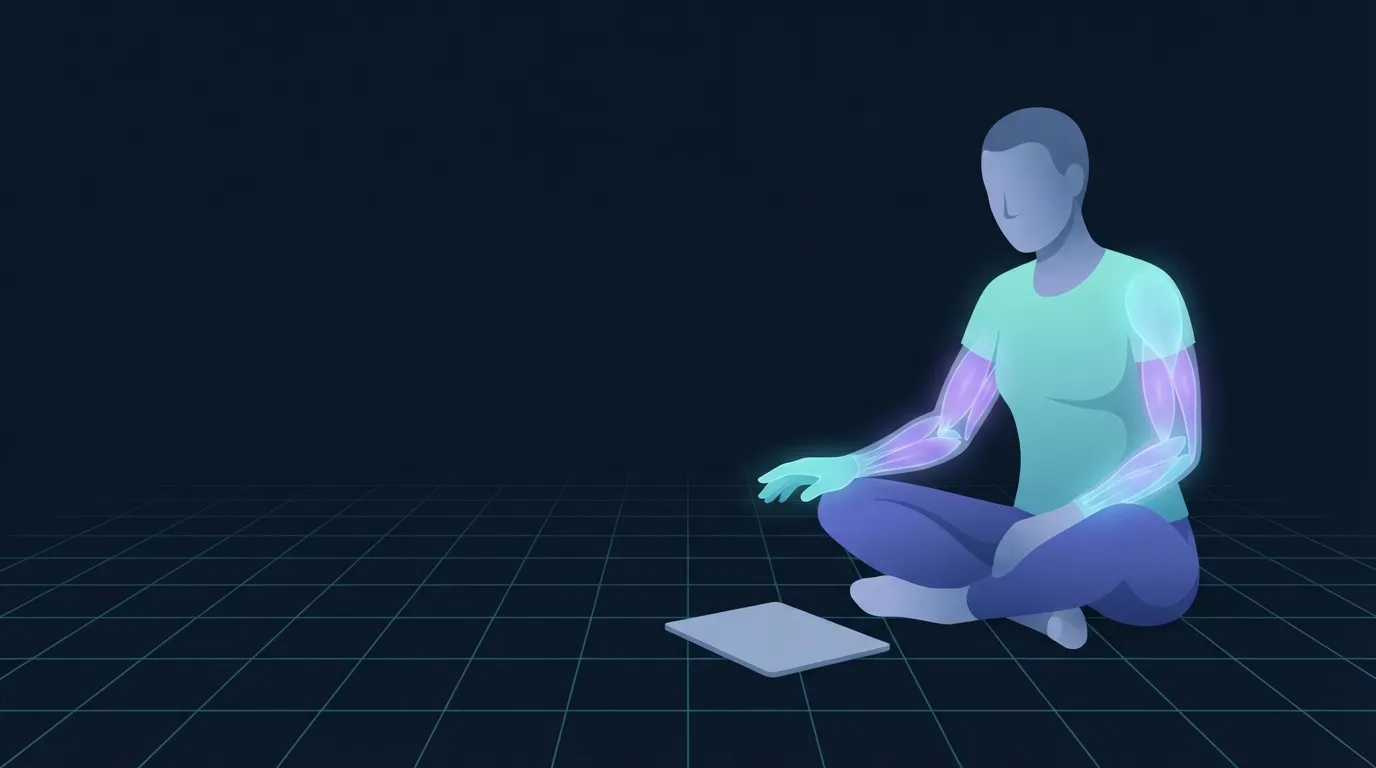 Stylized illustration of a figure sitting on the floor with a hand paused above a flat rectangular device on the floor