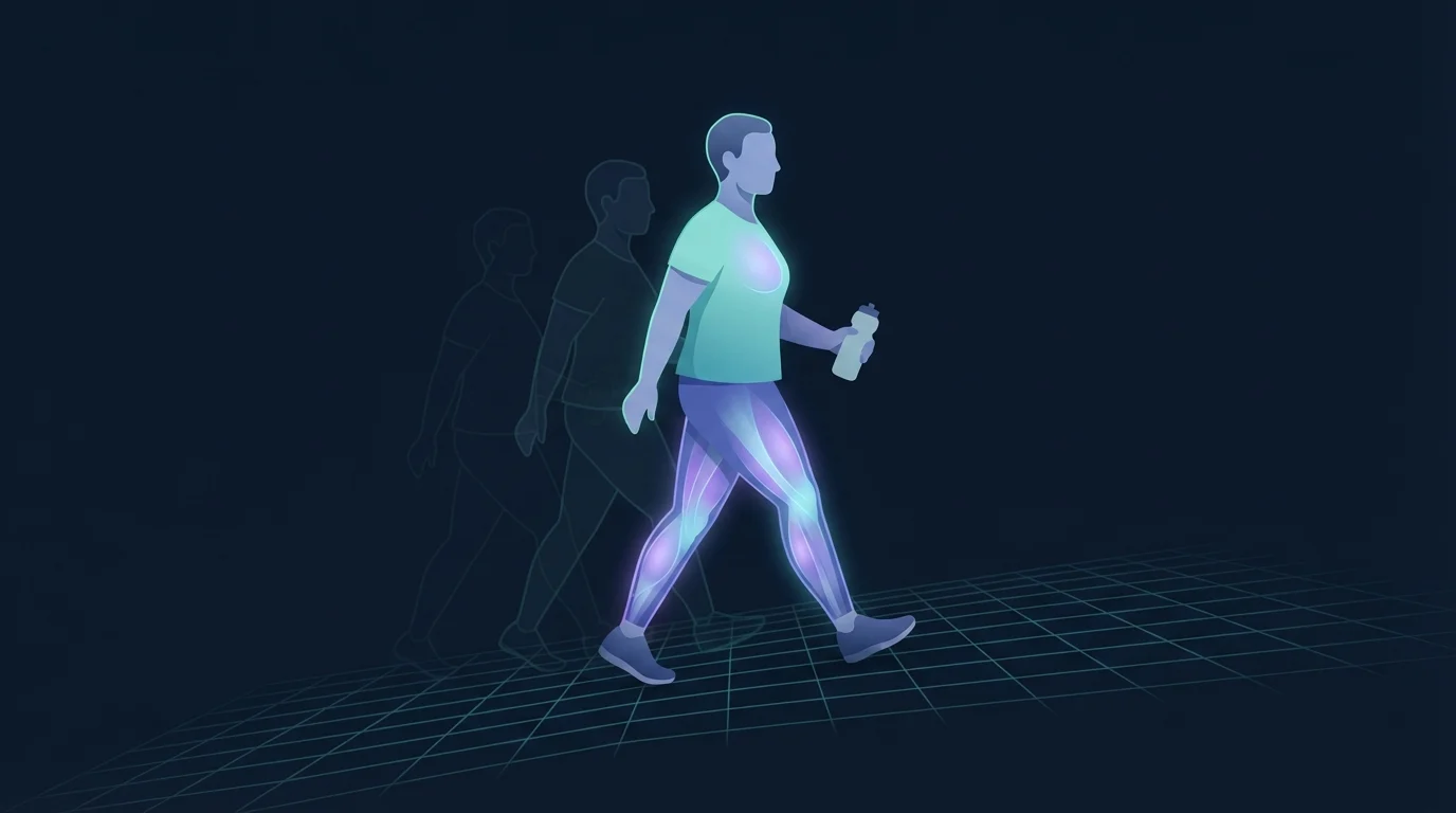 Ein Erwachsener geht zügig einen Hang hinauf mit schwachen Umrissen derselben Person dahinter, was zeigt, wie sich Wochen wiederholter Einheiten zu Fitness aufbauen