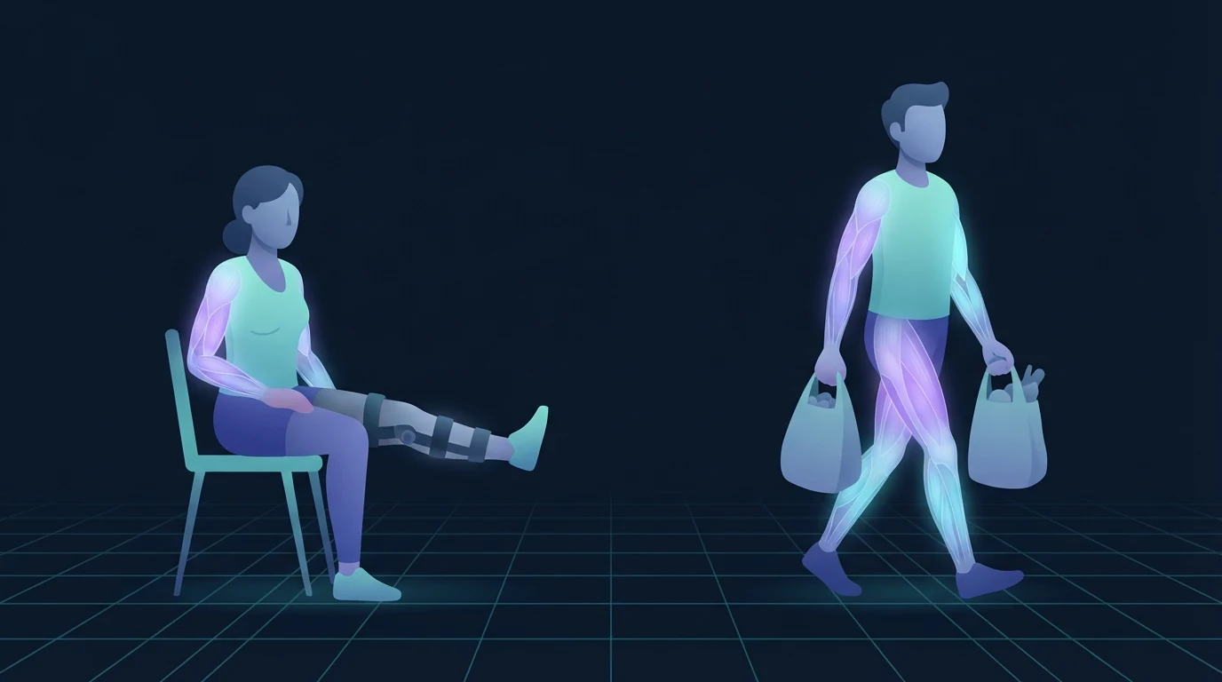 Duas figuras lado a lado, a da esquerda sentada com uma tala rígida de joelho numa perna esticada que parece fosca e apagada, a da direita andando carregando duas sacolas de compras com os braços e pernas ainda brilhando