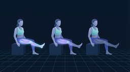 Três figuras sentadas em fileira sobre uma grade teal, a coxa da perna da frente brilhando forte à esquerda e desaparecendo até quase fosca à direita, mostrando o volume muscular diminuindo ao longo de uma semana de desuso