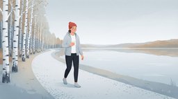 Wide view of a woman in a grey jacket and red beanie walking slowly along a birch-lined lakeside path on an overcast morning with a coffee, the day after running a marathon