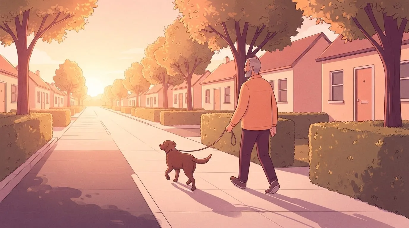 Ein Mann in den Fünfzigern, der bei Sonnenaufgang mit seinem Hund eine ruhige, von Bäumen gesäumte Wohnstraße entlanggeht, einer der kurzen Spaziergänge, die sich im Laufe eines Tages zu 10.000 Schritten summieren