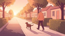 A man in his fifties walking a dog along a quiet tree-lined residential street at sunrise, one of the short walks that add up toward 10,000 steps in a day