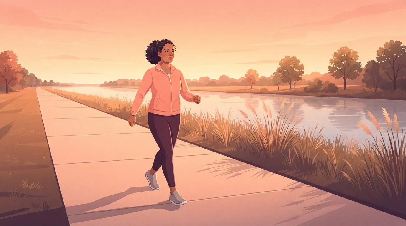 A woman in her forties with curly dark hair walking briskly along a long riverside path at sunrise in a coral jacket and plum leggings, the path stretching ahead for the mile still to walk