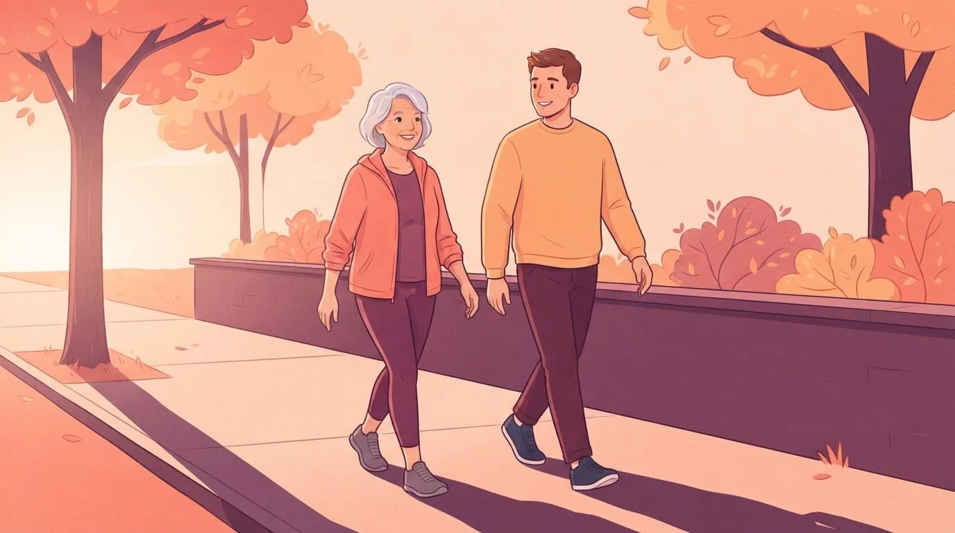 A grandmother in her seventies and her grandson in his twenties walking side by side on an autumn sidewalk at sunrise, both smiling, his stride slightly longer than hers