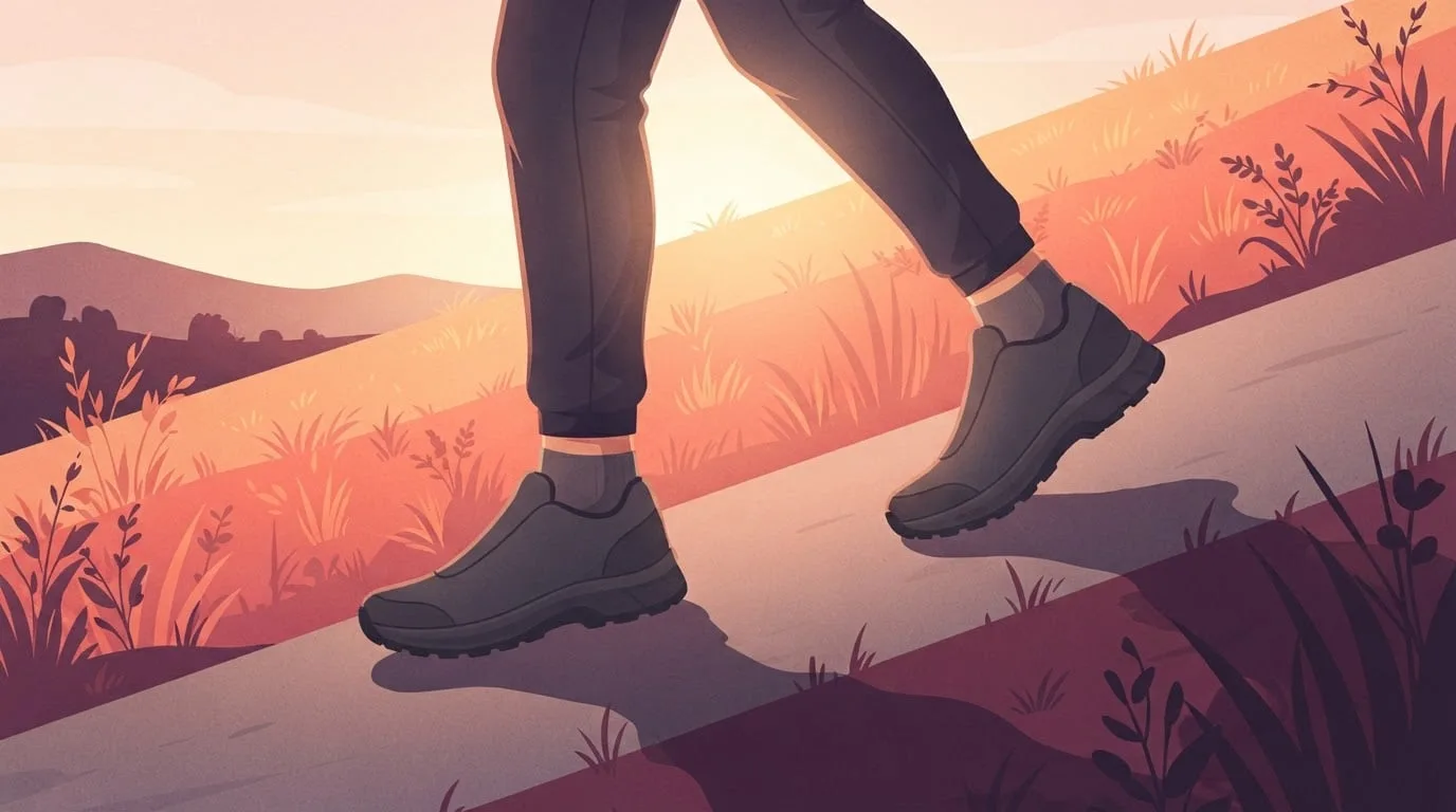 Close-up of a walker's lower legs and plain walking shoes climbing a steep paved hill path at sunrise, the front foot planted higher on the slope than the back foot