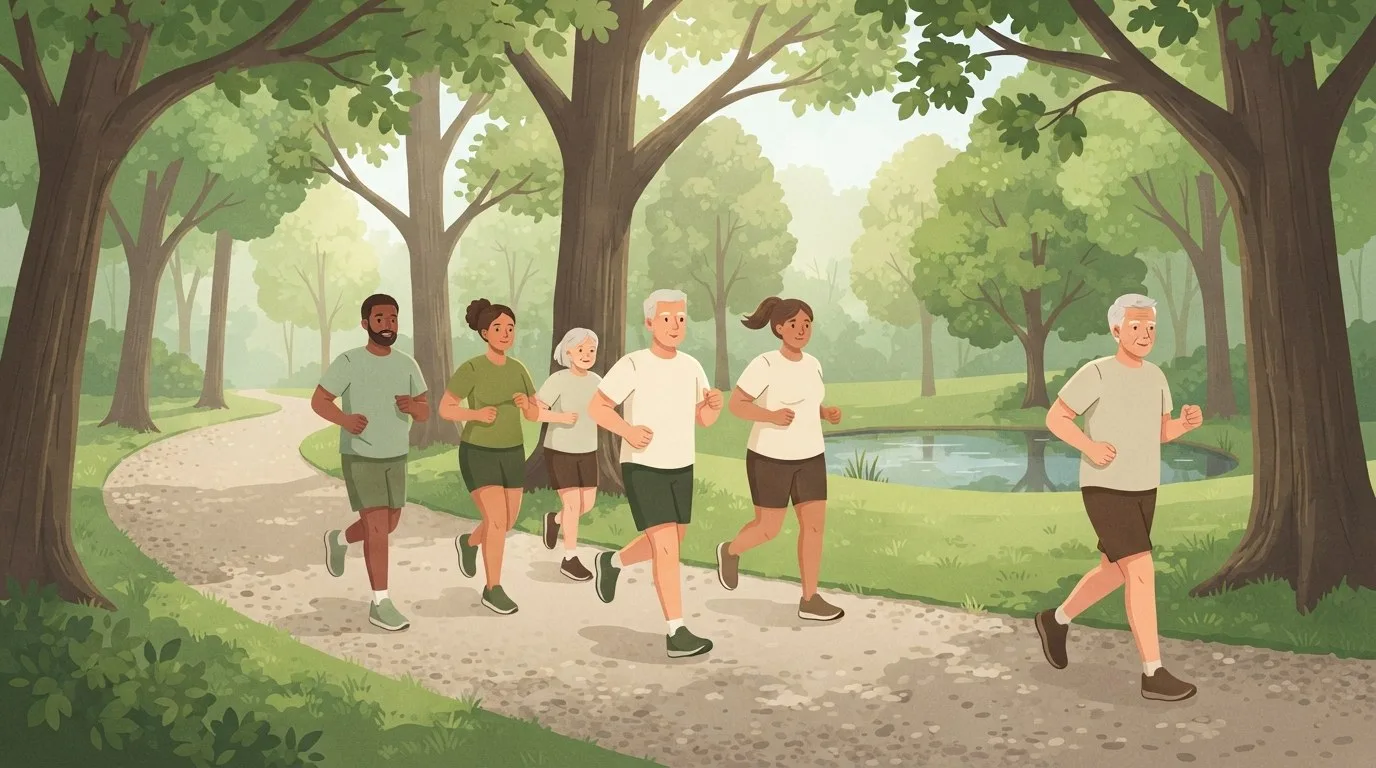 Um grupo de corredores recreativos de idades e biotipos variados correndo juntos em uma trilha de cascalho que faz uma volta por um parque arborizado, passando por um lago