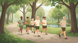 A group of recreational runners of different ages and body types jogging together along a gravel path that loops through a leafy park past a pond