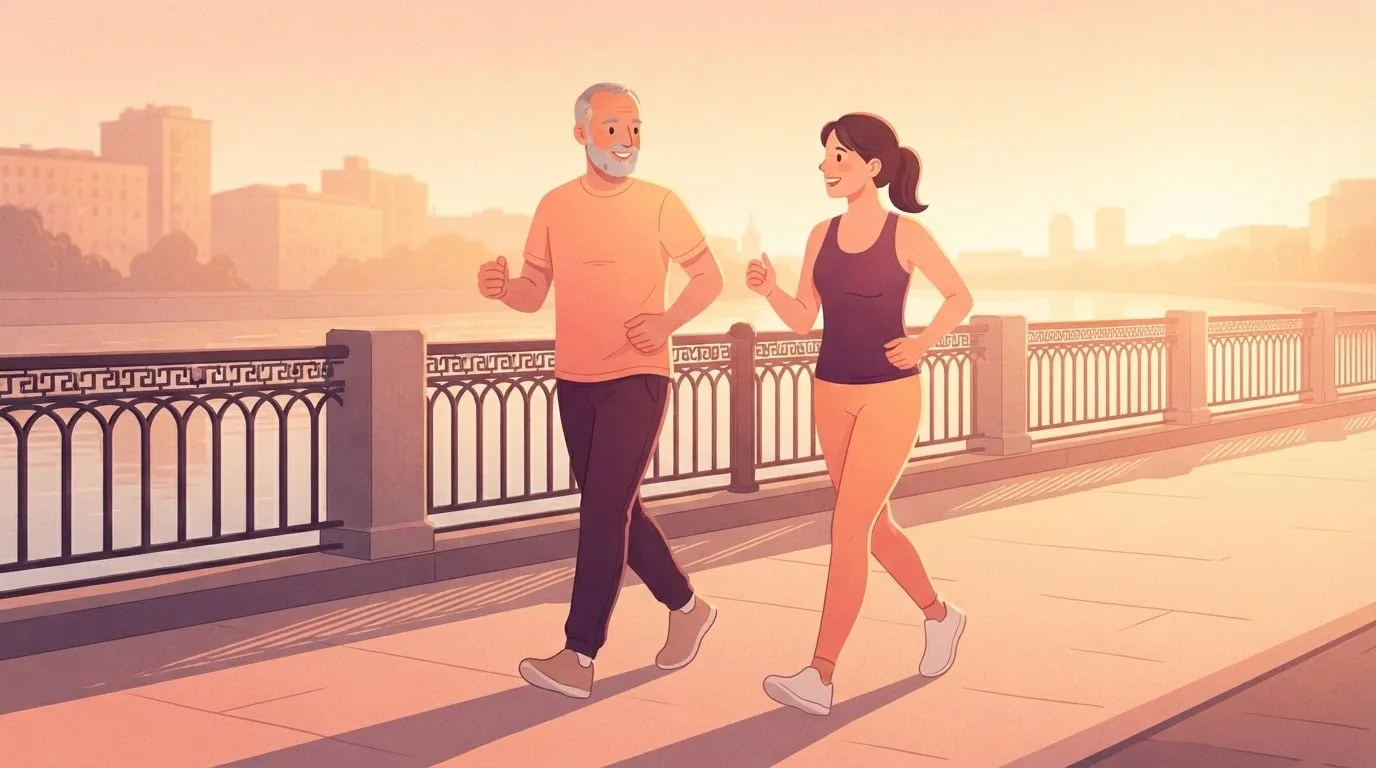 Ein Mann in seinen Sechzigern und eine Frau in ihren Dreißigern gehen bei Sonnenaufgang zügig nebeneinander auf einer Uferpromenade, das Tempo, mit dem ein Geher einen Marathon in etwa 7 Stunden schafft