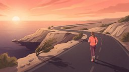 A woman in her forties running alone along a long coastal road at sunrise, the road winding along the cliffs toward the far horizon to suggest the 26.2 miles of a marathon