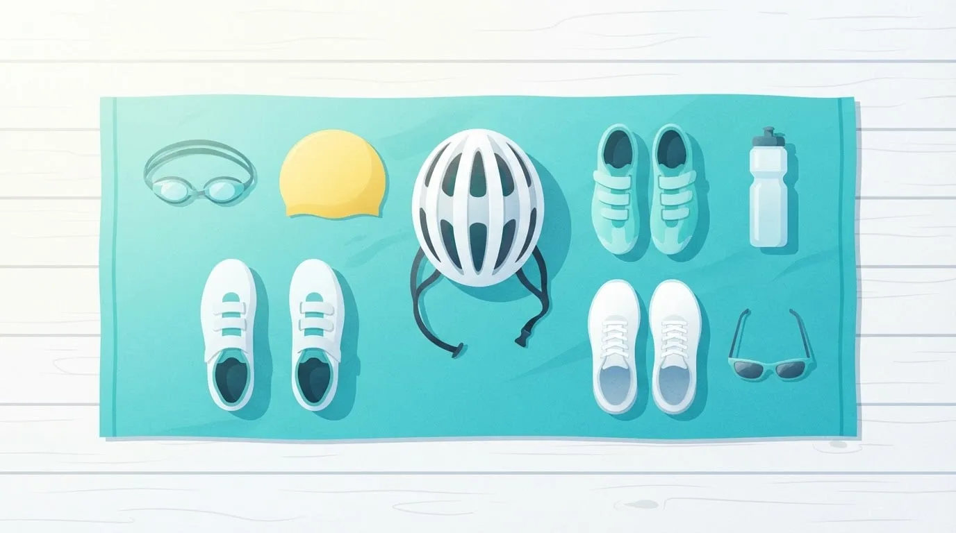 Overhead view of beginner triathlon gear laid out on a turquoise towel on a white wooden deck: swim goggles, a yellow swim cap, a vented bicycle helmet, cycling shoes, running shoes, a water bottle and sunglasses