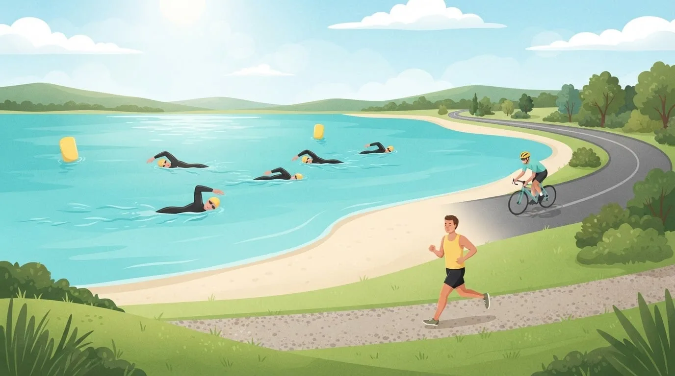 A sunny lakeside triathlon seen from a grassy rise, with swimmers in yellow caps crossing turquoise water between two buoys, a cyclist on the lakeside road and a runner on a gravel path, the three legs of a triathlon in one scene