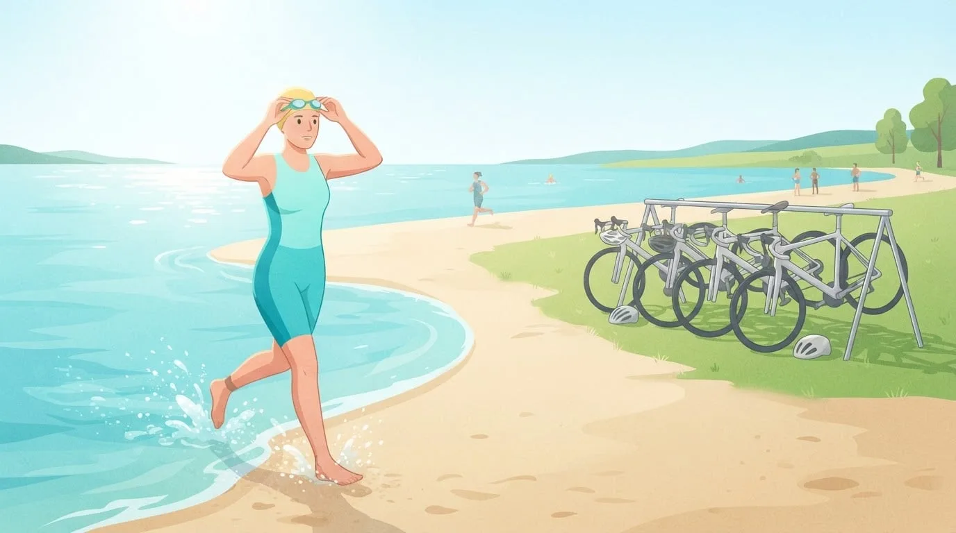 A woman in a turquoise trisuit running out of a lake onto a sandy beach during a triathlon, pushing her goggles up onto her yellow swim cap as she heads toward a rack of bikes on the grass