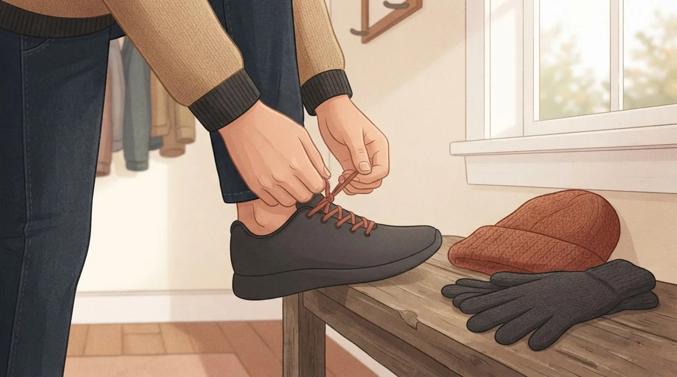 Nahaufnahme der Hände eines Mannes, der die Schnürsenkel eines schlichten anthrazitfarbenen Laufschuhs auf einer Holzbank an einem sonnigen Fenster bindet, daneben eine Strickmütze und Handschuhe, bereit für einen Turkey Trot am Thanksgiving-Morgen