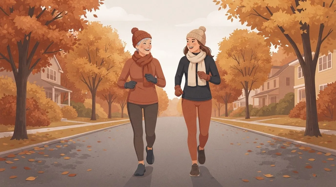 Eine Frau in ihren Sechzigern mit kurzem grauem Haar und ihre erwachsene Tochter gehen an einem Thanksgiving-Morgen zügig Seite an Seite eine laubbedeckte Herbststraße entlang, beide lächelnd in Strickmützen und Schals