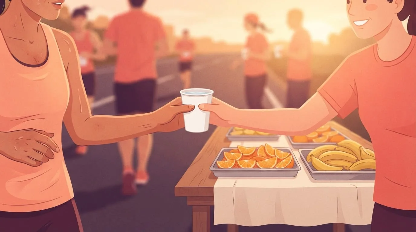 Nahaufnahme eines Läufers, der an einer Ironman-Verpflegungsstelle im goldenen Abendlicht von einem lächelnden Helfer einen einfachen Pappbecher Wasser entgegennimmt, auf dem Tisch stehen Tabletts mit Orangenscheiben und Bananen