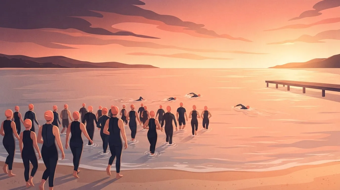 Eine Menge Triathleten in dunklen Neoprenanzügen und korallenroten Badekappen watet bei Sonnenaufgang neben einem niedrigen Holzsteg in eine ruhige Bucht, der Start der 2,4 Meilen langen Schwimmstrecke, mit der ein Ironman beginnt