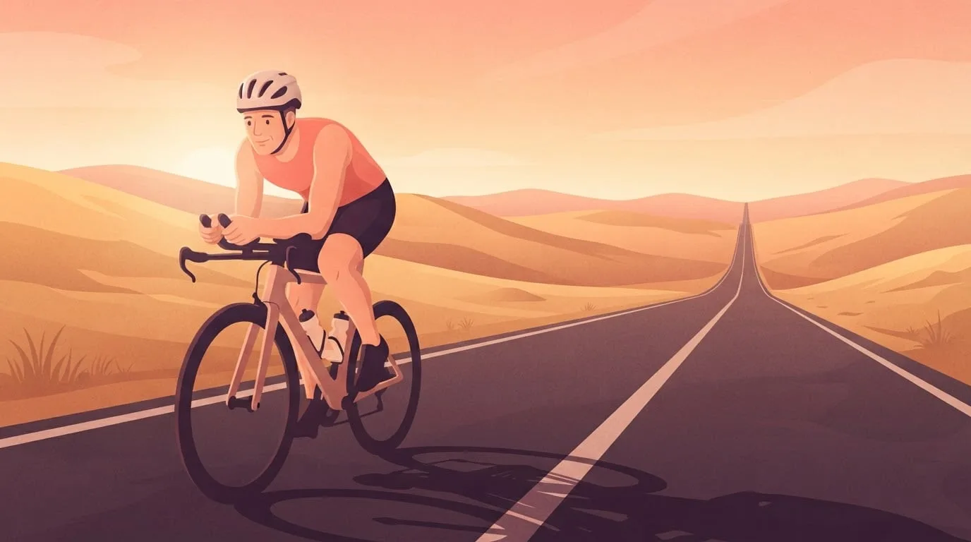 Ein Mann in seinen Vierzigern in einem korallenroten Radtrikot fährt bei Sonnenaufgang allein in Aeroposition auf einem Zeitfahrrad eine lange, leere Straße durch goldene Hügel, die 112 Meilen lange Radstrecke eines Ironman