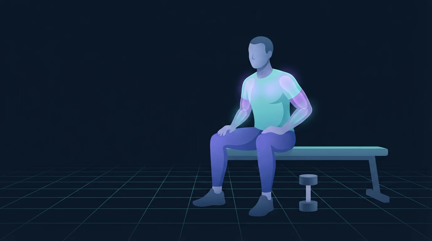 Illustration of a lifter sitting upright on a bench recovering between sets with a dumbbell resting on the floor, the chest and shoulders glowing as the trained muscles