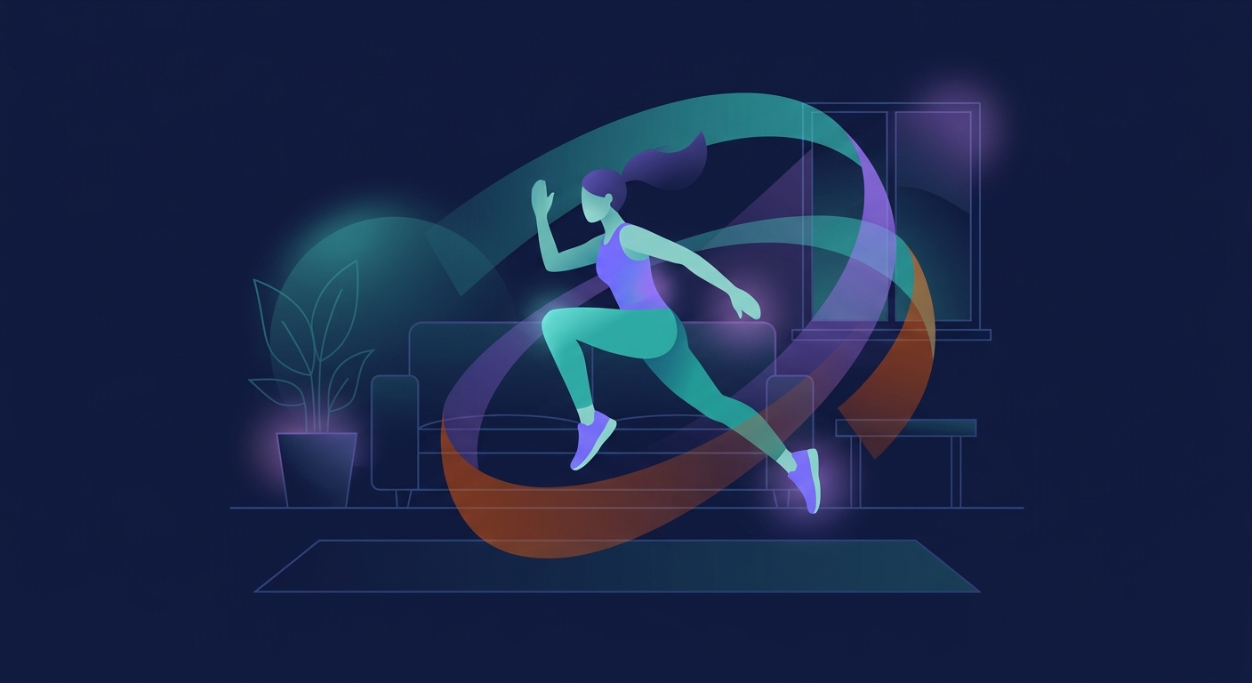 Conceptual illustration of workout duration showing a person exercising with clock and fitness elements on dark navy background