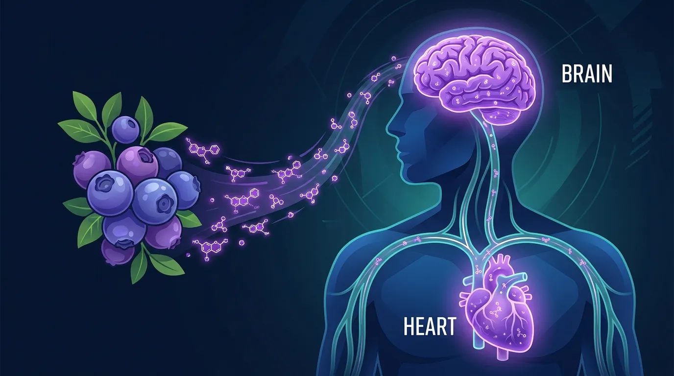 Editorial illustration showing a heart and brain icon side by side, both improving in response to anthocyanin-rich blueberries indicated by purple molecular shapes