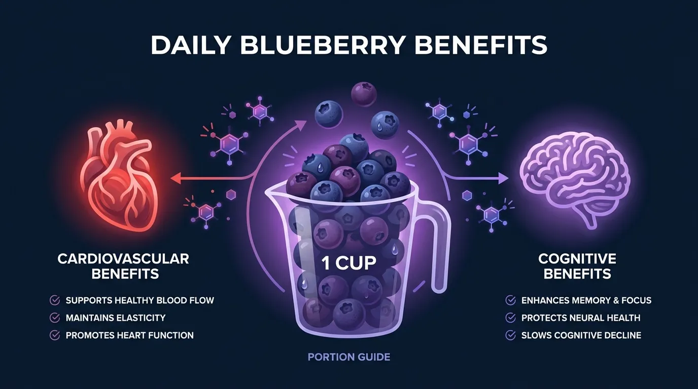 Editorial illustration showing a measuring cup filled with blueberries beside silhouettes of a heart and brain receiving anthocyanin benefits