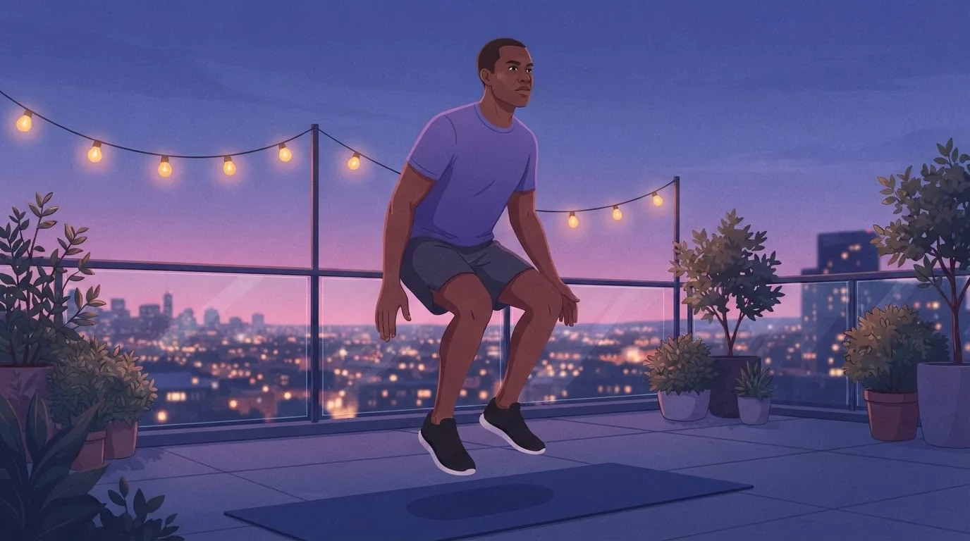 Ein Mann in seinen Vierzigern in der Luft bei einem Jump Squat auf einer Dachterrasse zur blauen Stunde, Lichterketten und Stadtlichter hinter ihm, die Kniebeugenvariante, die pro Minute die meisten Kalorien verbrennt