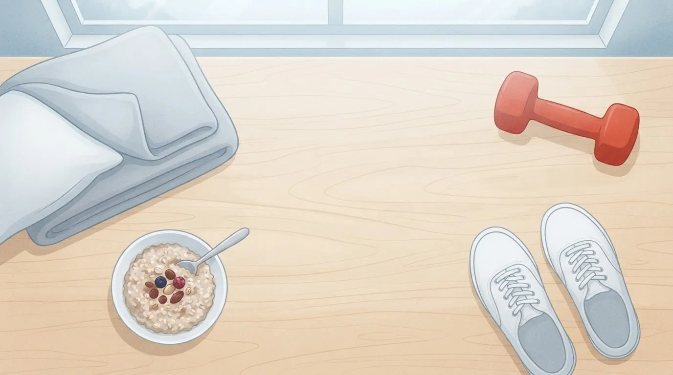 Overhead view of a birch-wood table holding a folded grey blanket and pillow, a bowl of oatmeal, white sneakers and a red dumbbell, standing for rest, food, everyday movement and exercise in a day's calorie burn
