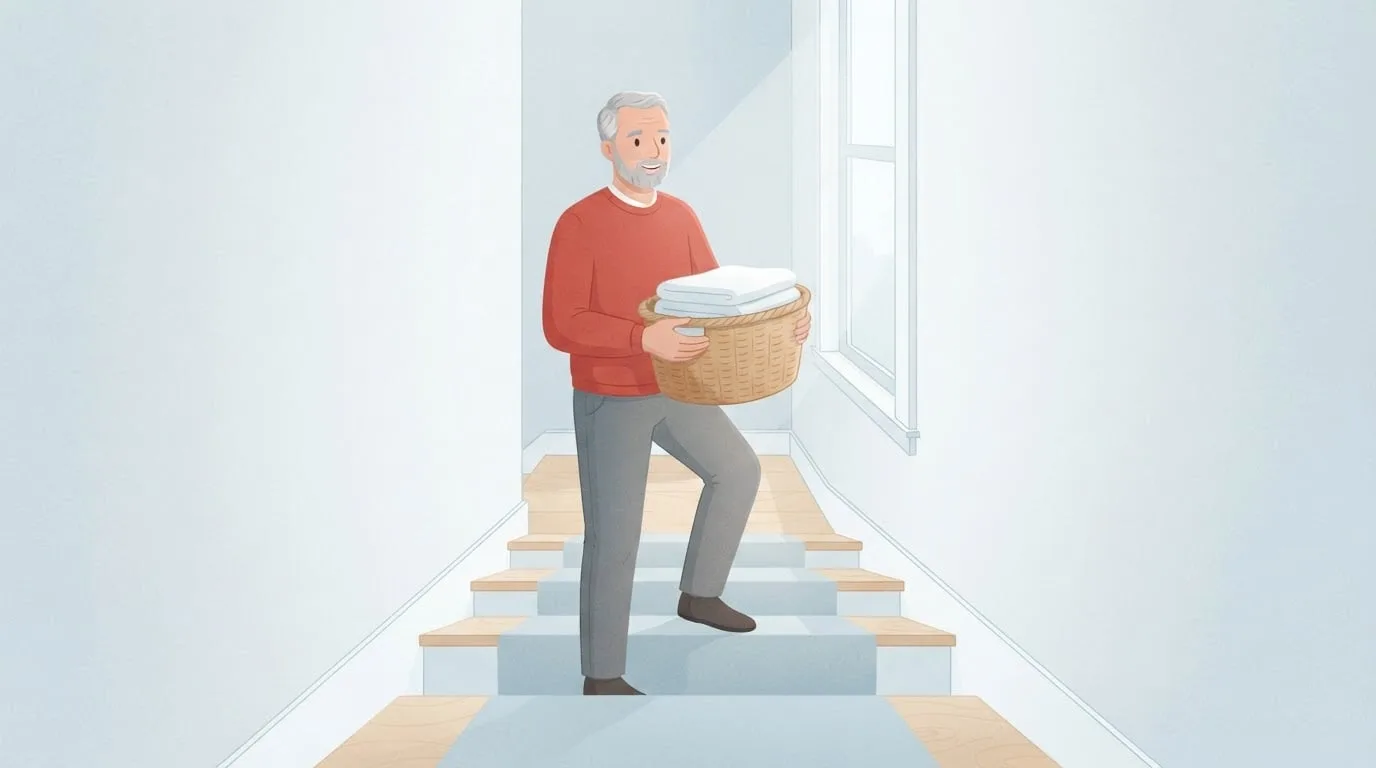 A grey-haired man in a red sweater carries a basket of folded towels up a set of birch-wood stairs at home, everyday movement that raises the calories burned in a day