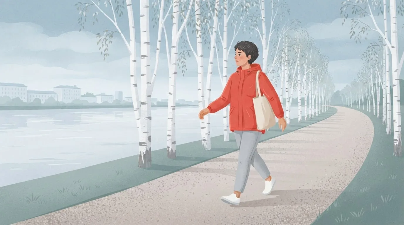 A woman in a red jacket walks briskly along a birch-lined riverside path on an overcast morning, the kind of daily walk that adds to how many calories you burn in a day