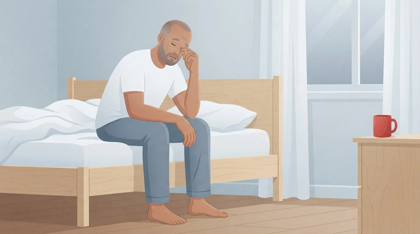A man in his fifties sitting awake on the edge of his bed before dawn, rubbing his eyes after a short night of sleep