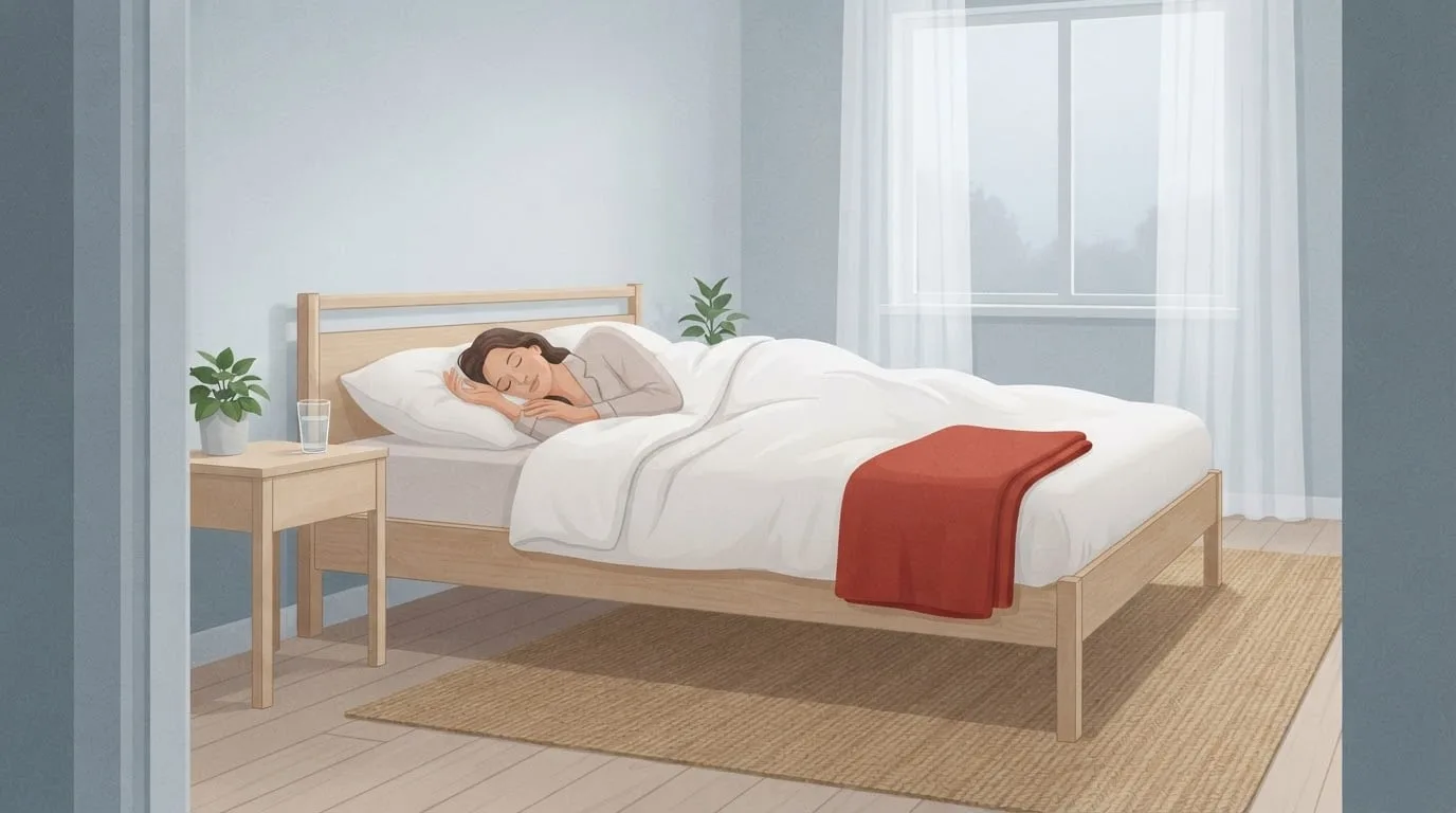 A woman asleep under a white duvet in a calm bedroom on a grey morning, the kind of night in which most adults burn about 50 to 80 calories an hour sleeping