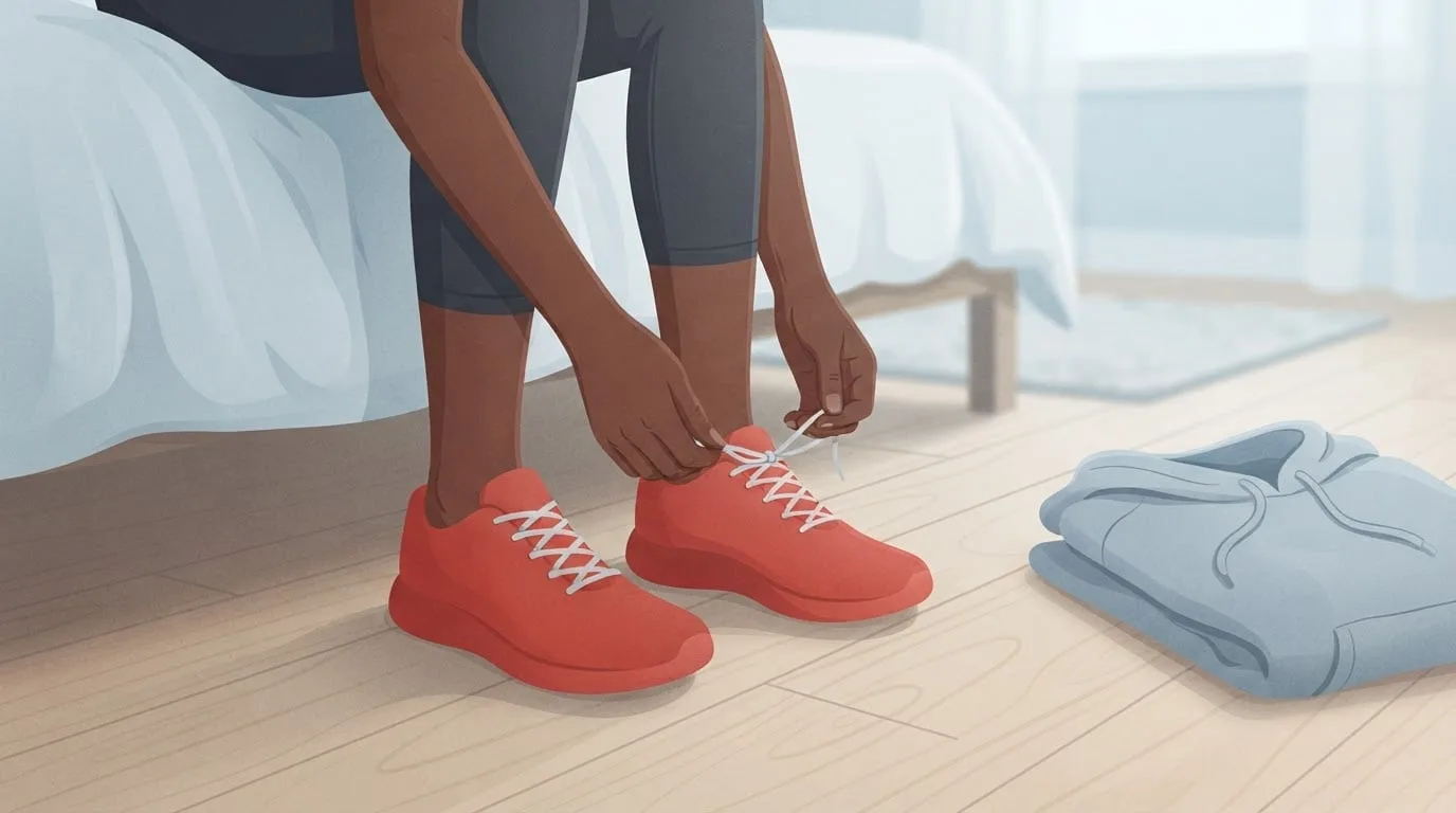 Close-up of a woman tying plain red running shoes beside her bed in soft morning light, ready to add to the calories she burned sleeping