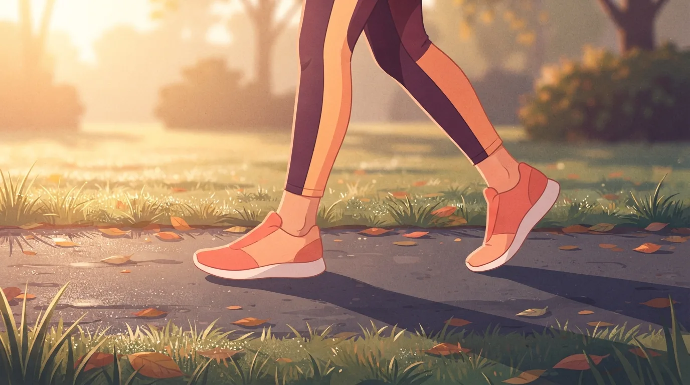 Close-up at ankle height of a walker's sneakers mid-stride on a leaf-strewn park path at sunrise, the back foot pushing off from the toes in a long brisk step