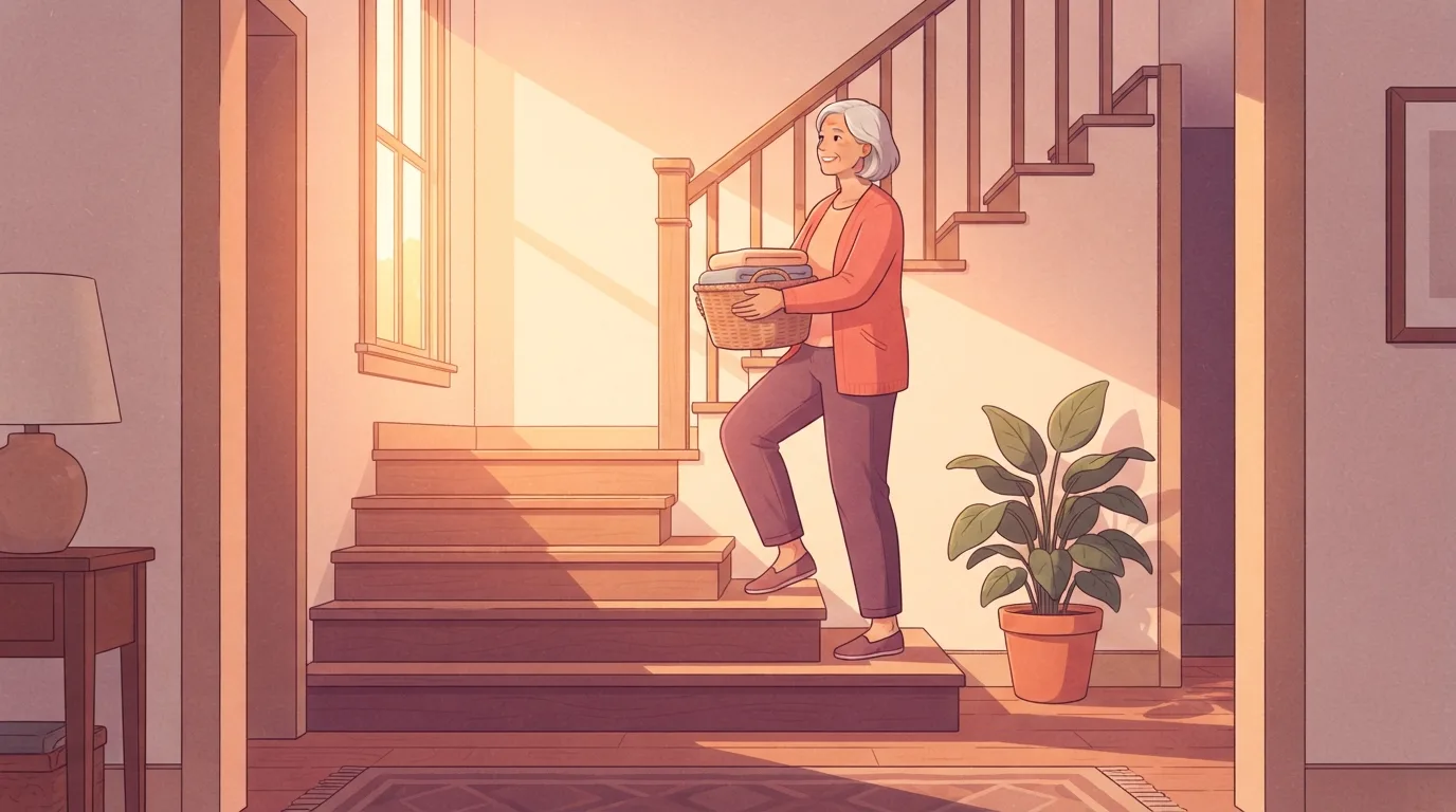 A smiling woman in her sixties with silver hair carrying a basket of folded laundry up the stairs of a sunlit family home in the early morning