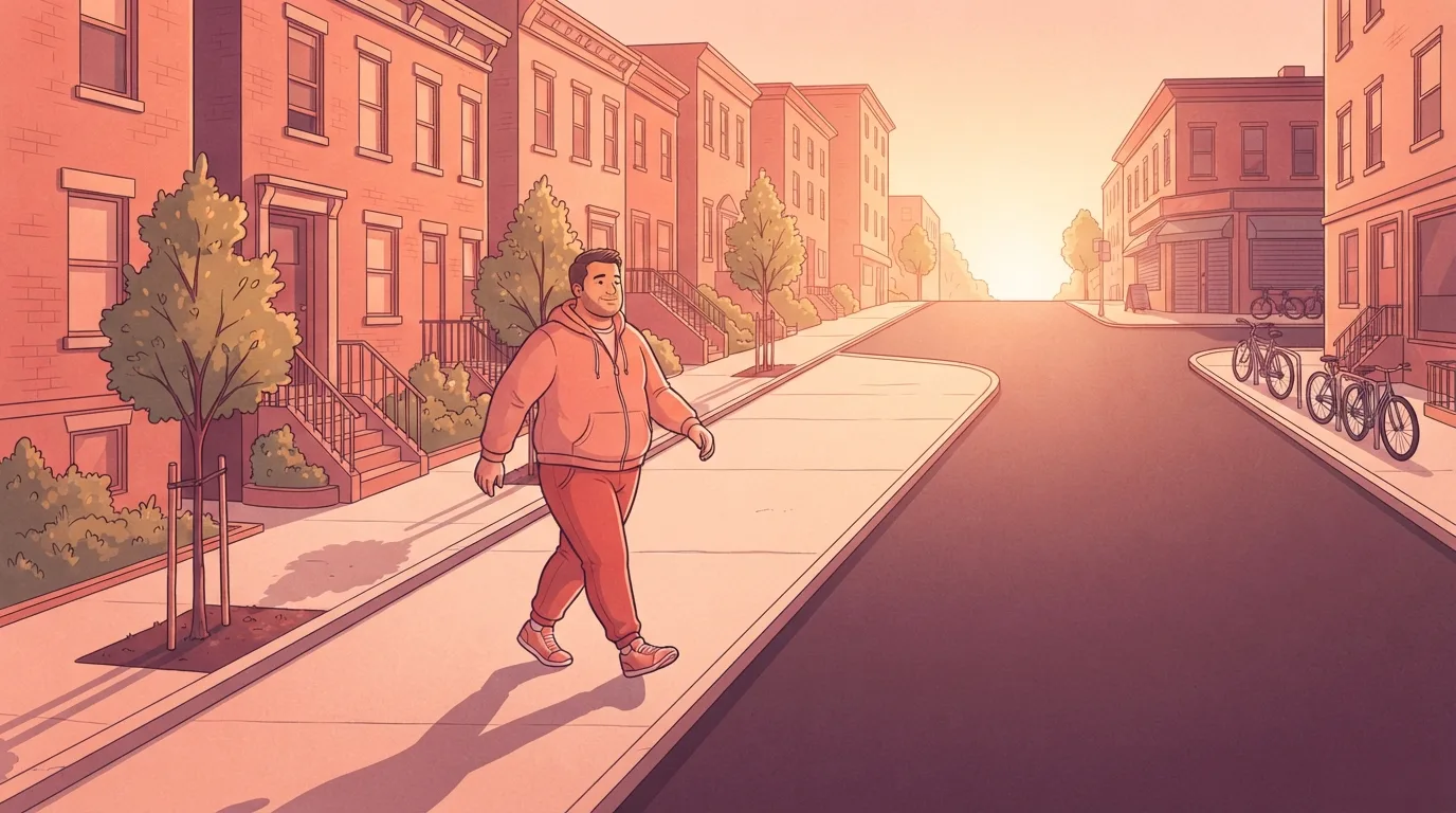 A man with a broad build walking briskly along a sidewalk of brick row houses at sunrise, his long shadow stretching across the pavement behind him