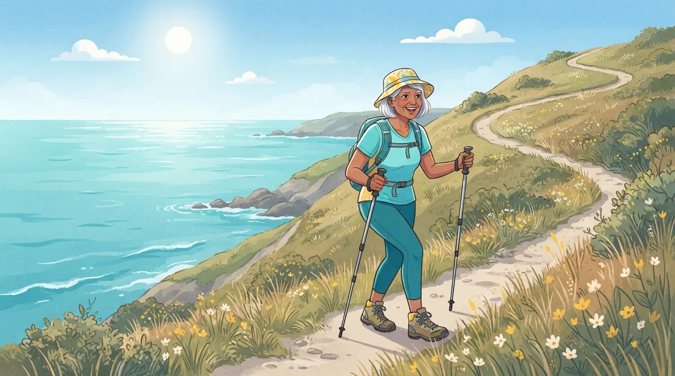 Une femme plus âgée avec des bâtons de randonnée et un chapeau de soleil marchant sur un sentier en lacets raide sur un promontoire côtier au-dessus d'une eau turquoise sous un soleil de midi éclatant