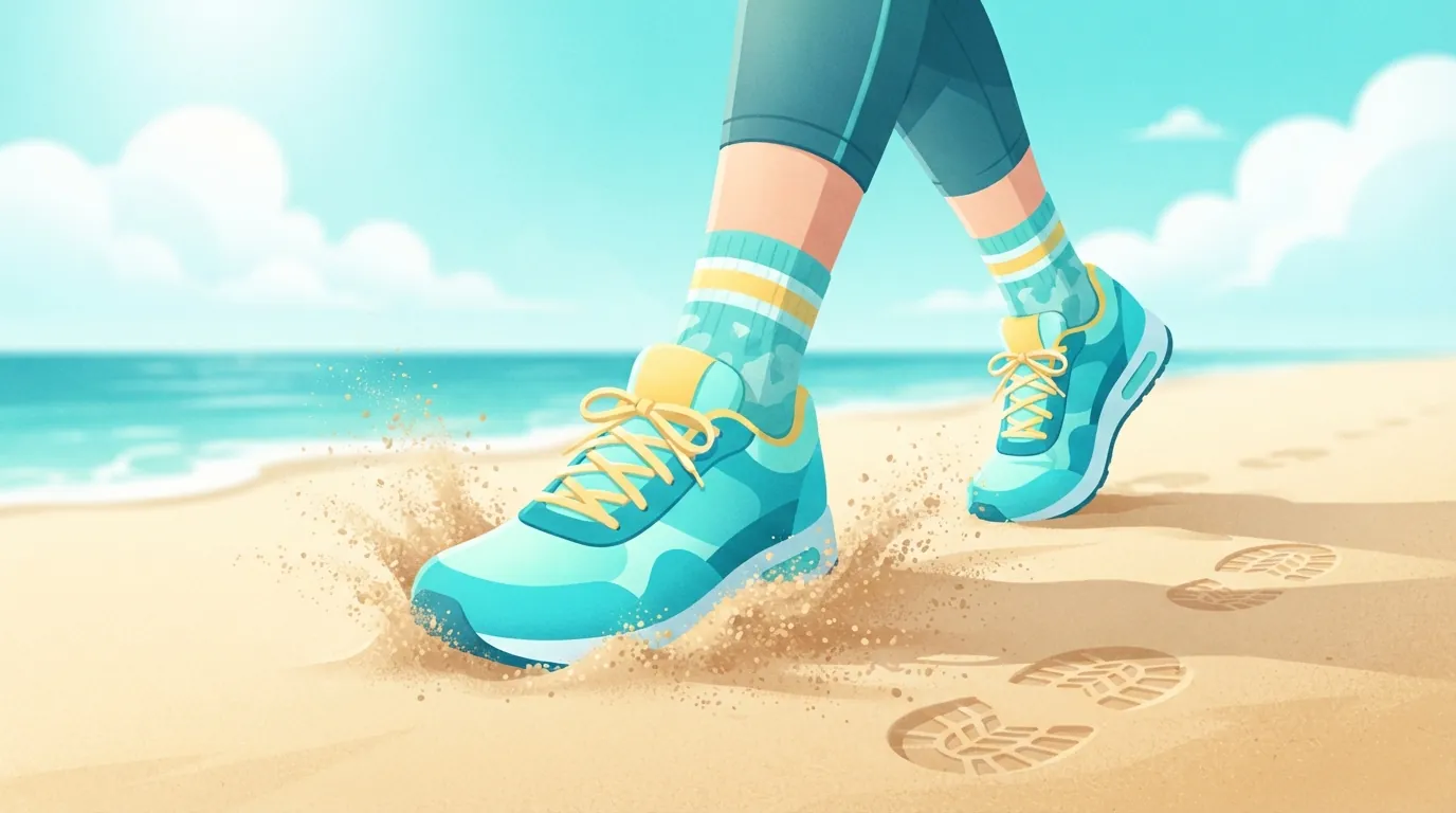 Gros plan sur les baskets d'une personne qui marche s'enfonçant dans le sable meuble d'une plage près d'une eau turquoise, du sable giclant autour de la chaussure avant avec des empreintes de semelle derrière