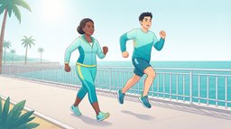 A woman walking briskly beside a young man running on a sunny seaside promenade, the runner airborne mid-stride while the walker keeps one heel on the ground