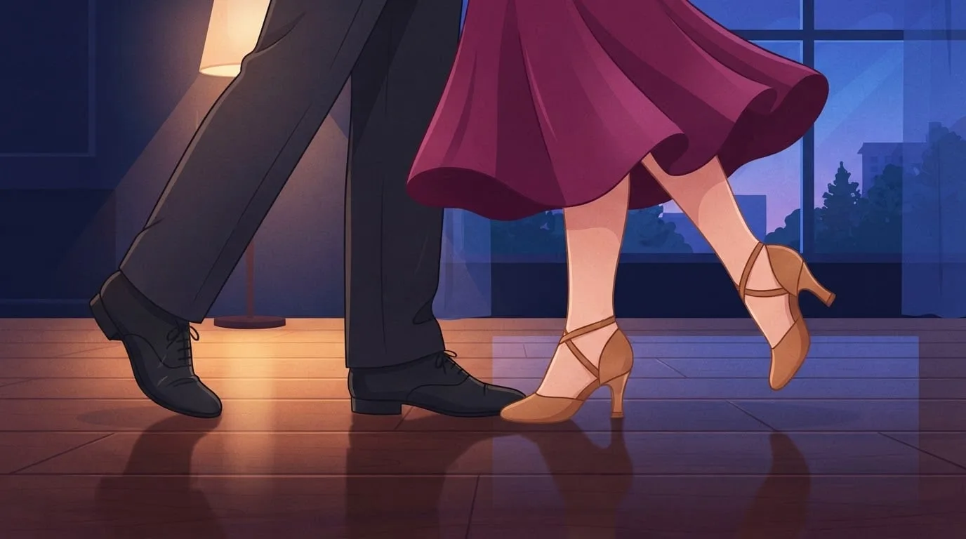 Close-up of a ballroom couple's feet mid-waltz on a polished wooden floor, one dancer in black dance shoes and dark trousers and the other in tan heeled dance shoes under a swirling magenta skirt