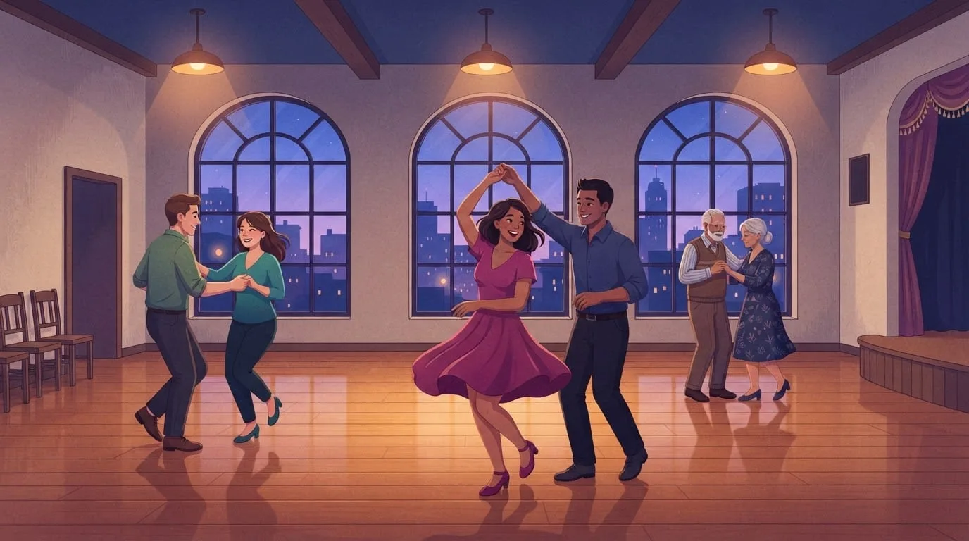 Three couples of different ages swing dancing in a community dance hall at dusk, a woman in a magenta dress spinning under her partner's arm while an older couple dances slowly by tall arched windows