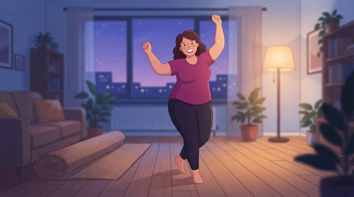 A woman in a magenta t-shirt and dark leggings dancing with both arms raised in her living room at dusk, a rug rolled aside and a warm floor lamp beside the window