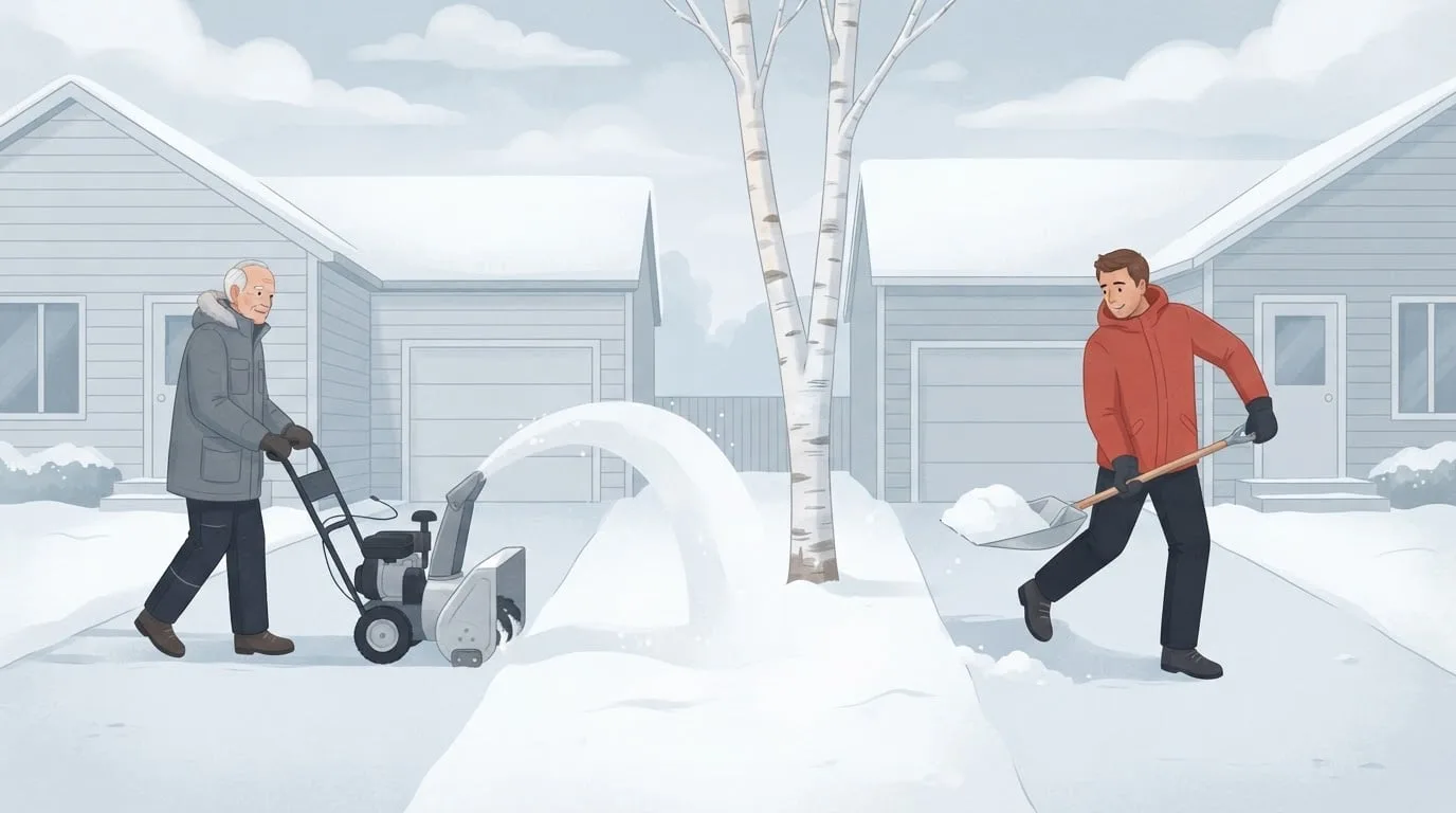 Dos vecinos despejan entradas nevadas una junto a la otra: un hombre mayor camina detrás de una sopladora de nieve sin marca a la izquierda y un hombre más joven con chaqueta roja levanta nieve con una pala a la derecha