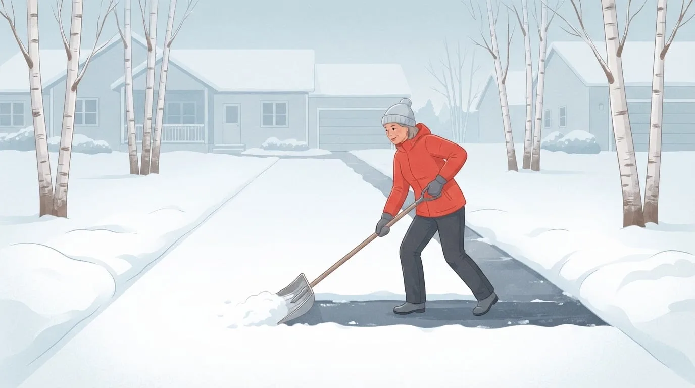 Una mujer con chaqueta roja de invierno palea nieve de un largo camino de entrada de un barrio residencial en una mañana nublada, con una franja de pavimento despejada detrás de ella y nieve intacta por delante