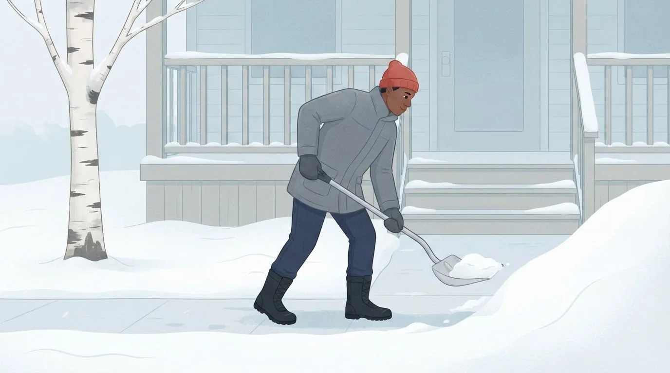 Un hombre con gorro rojo de punto y abrigo gris palea un camino nevado frente a la casa con las rodillas flexionadas y una palada pequeña de nieve en la pala, junto a un abedul y un porche